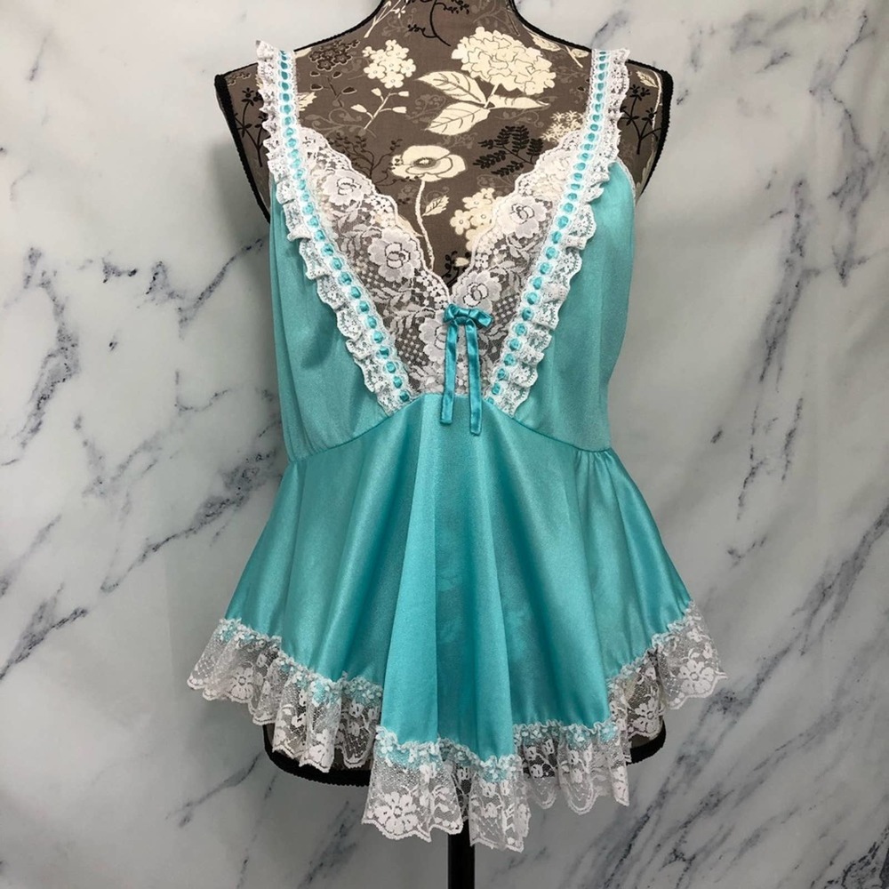 Vintage Glencraft Aqua Blue Lace Peplum Chemise Camisole Tank Lingerie Top - Picture 6 of 13